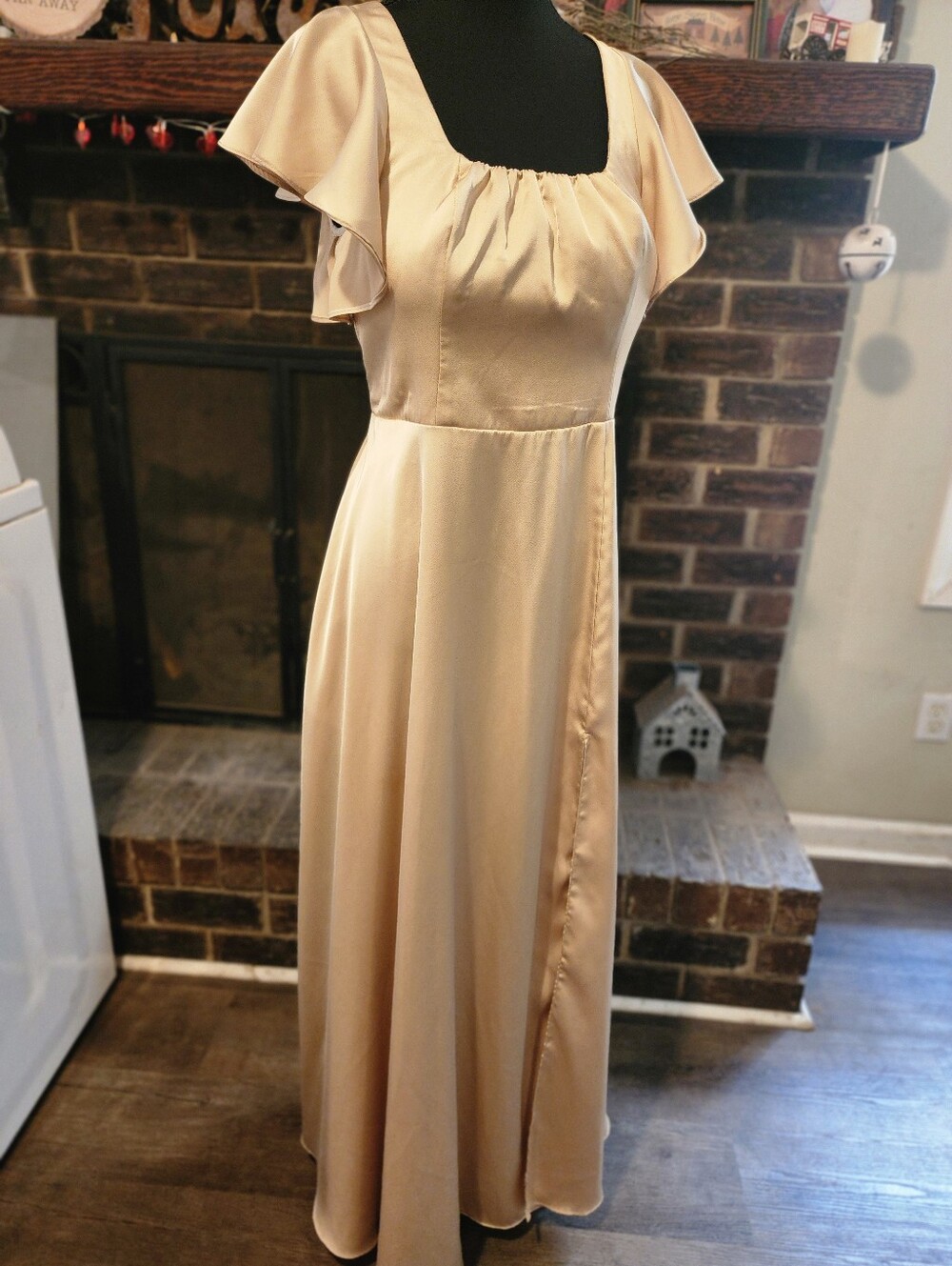 Azazie Champagne Satin Maxi Dress with Flutter Sleeves